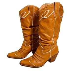 VERY VOLATILE Cowboy Boots‎ Slouchy Gold Detail Mid Calf Retro Rodeo Rawhide NFR